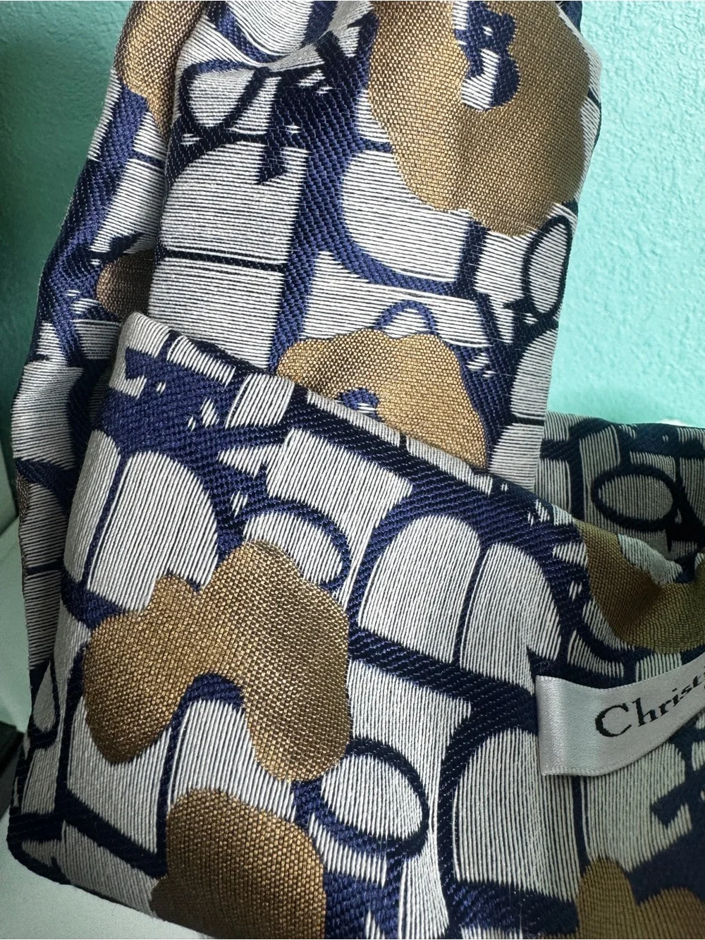 Dior Navy, White & Gold Silk Logo-Print Scarf